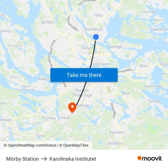 Mörby Station to Karolinska Institutet map