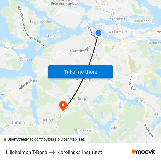 Liljeholmen T-Bana to Karolinska Institutet map