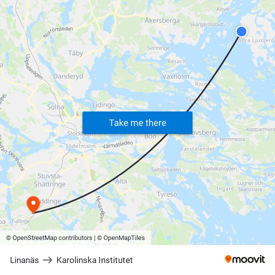 Linanäs to Karolinska Institutet map