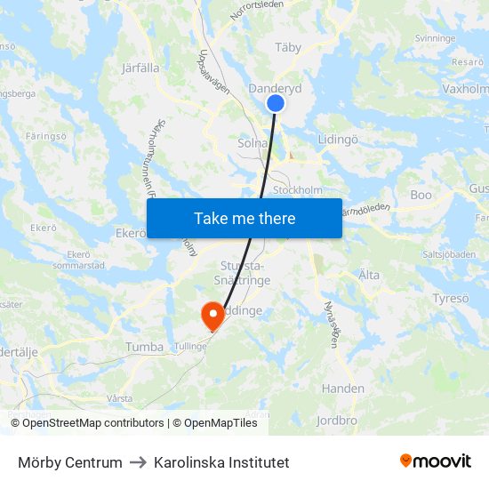 Mörby Centrum to Karolinska Institutet map