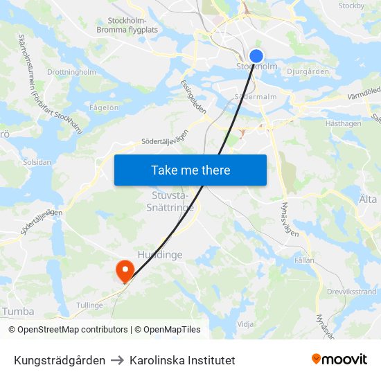 Kungsträdgården to Karolinska Institutet map