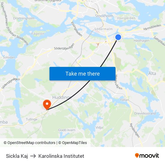 Sickla Kaj to Karolinska Institutet map