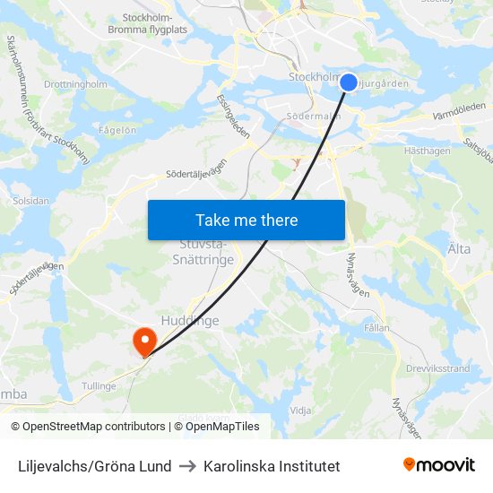 Liljevalchs/Gröna Lund to Karolinska Institutet map