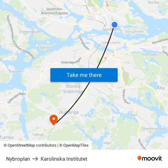 Nybroplan to Karolinska Institutet map