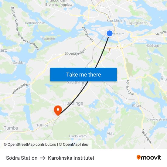 Södra Station to Karolinska Institutet map