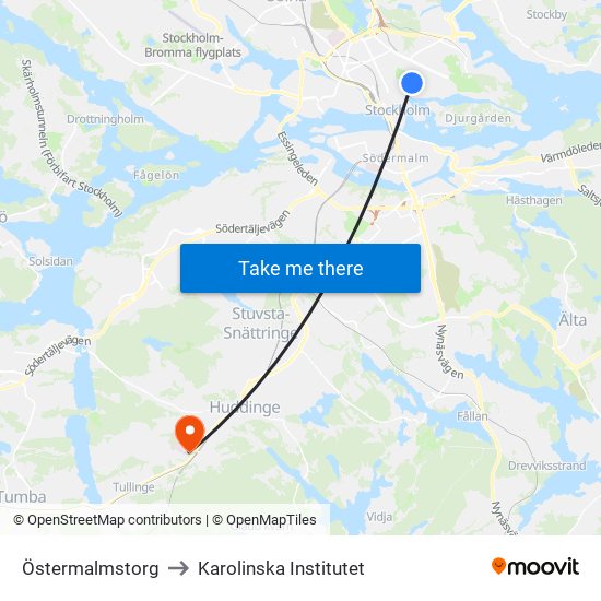 Östermalmstorg to Karolinska Institutet map