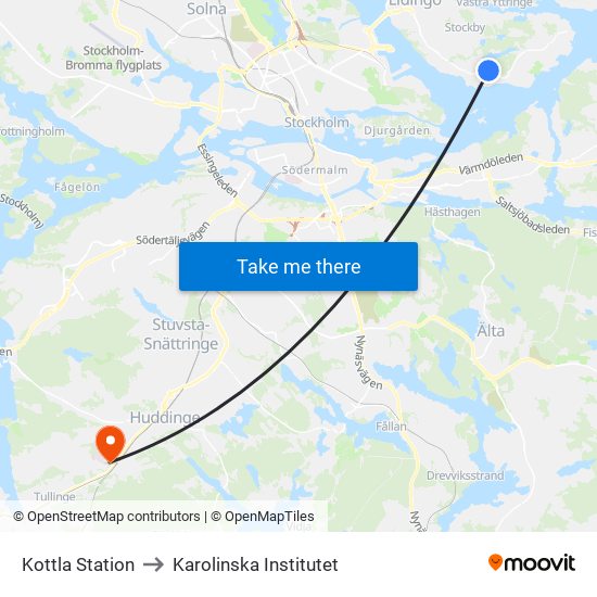 Kottla Station to Karolinska Institutet map