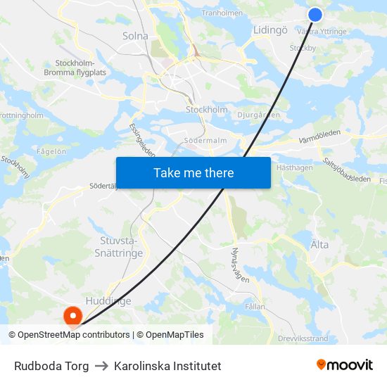 Rudboda Torg to Karolinska Institutet map