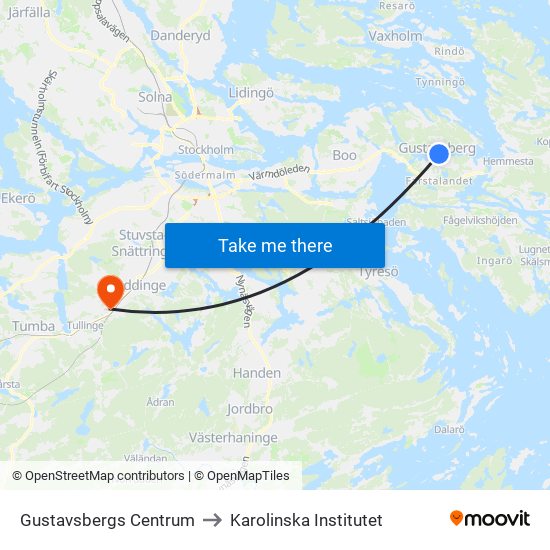 Gustavsbergs Centrum to Karolinska Institutet map