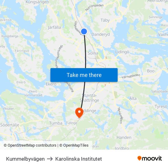 Kummelbyvägen to Karolinska Institutet map