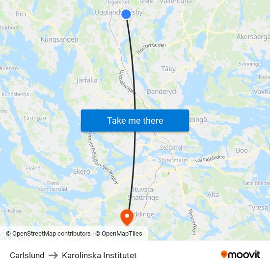 Carlslund to Karolinska Institutet map