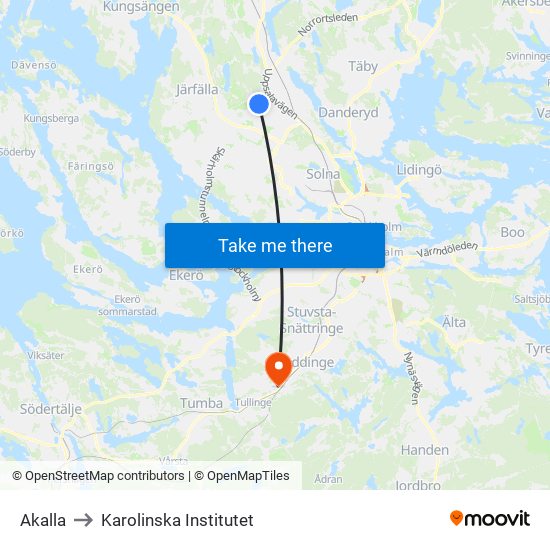 Akalla to Karolinska Institutet map