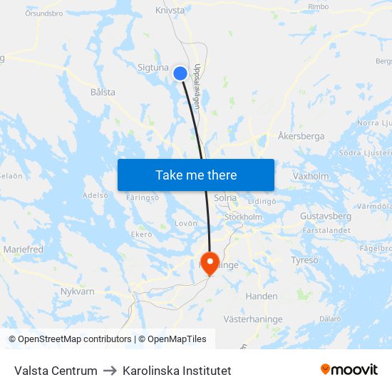 Valsta Centrum to Karolinska Institutet map