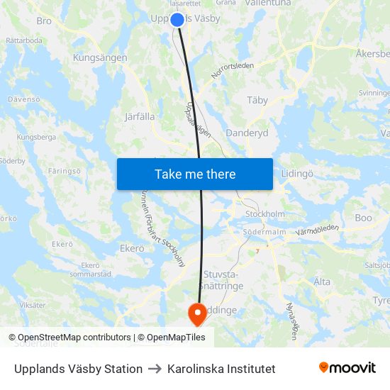 Upplands Väsby Station to Karolinska Institutet map