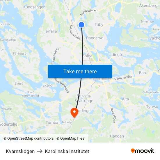 Kvarnskogen to Karolinska Institutet map