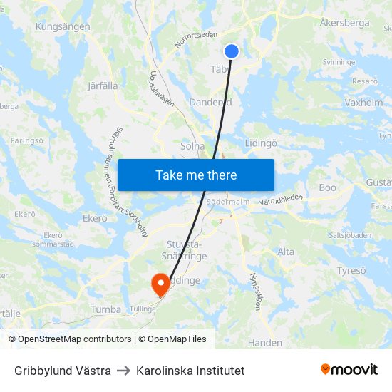 Gribbylund Västra to Karolinska Institutet map