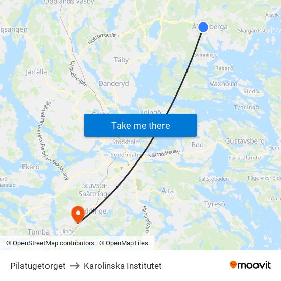 Pilstugetorget to Karolinska Institutet map