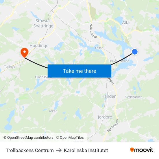 Trollbäckens Centrum to Karolinska Institutet map