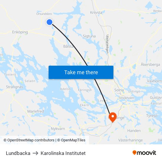Lundbacka to Karolinska Institutet map