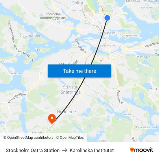 Stockholm Östra Station to Karolinska Institutet map