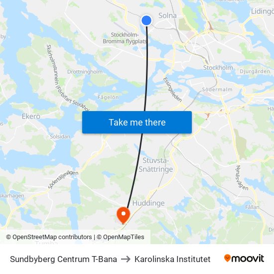 Sundbyberg Centrum T-Bana to Karolinska Institutet map