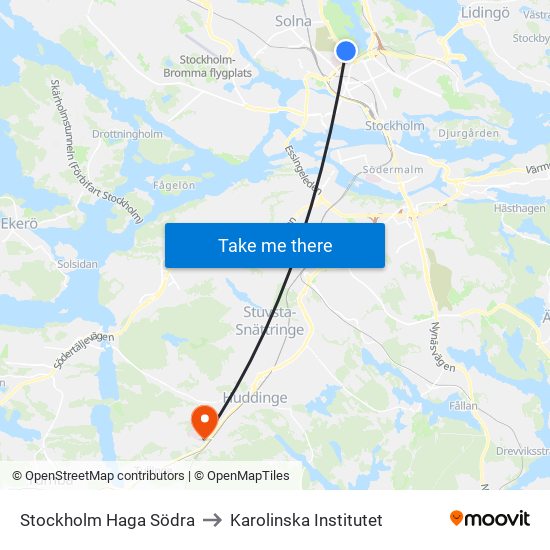 Stockholm Haga Södra to Karolinska Institutet map