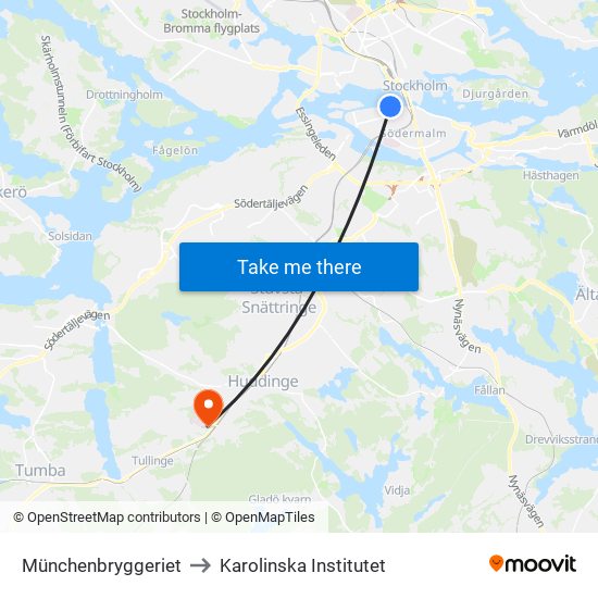 Münchenbryggeriet to Karolinska Institutet map