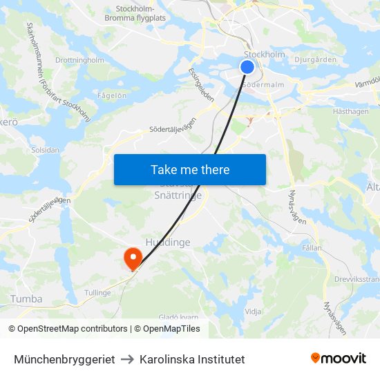 Münchenbryggeriet to Karolinska Institutet map