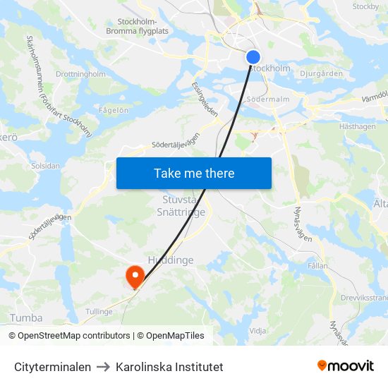 Cityterminalen to Karolinska Institutet map