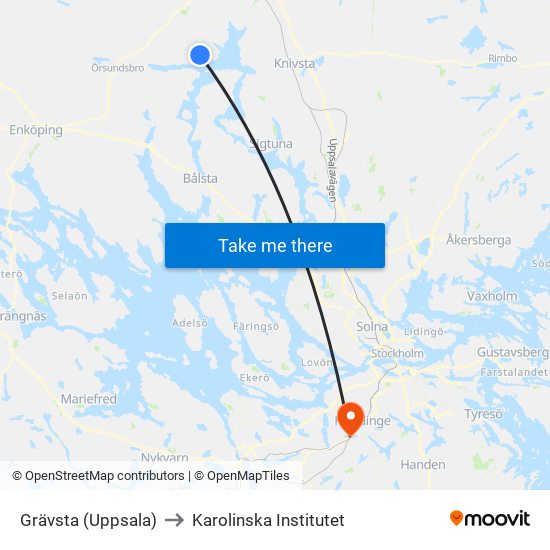 Grävsta (Uppsala) to Karolinska Institutet map