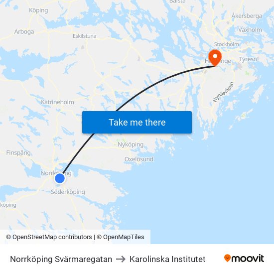 Norrköping Svärmaregatan to Karolinska Institutet map