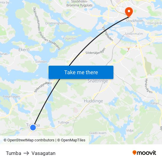 Tumba to Vasagatan map