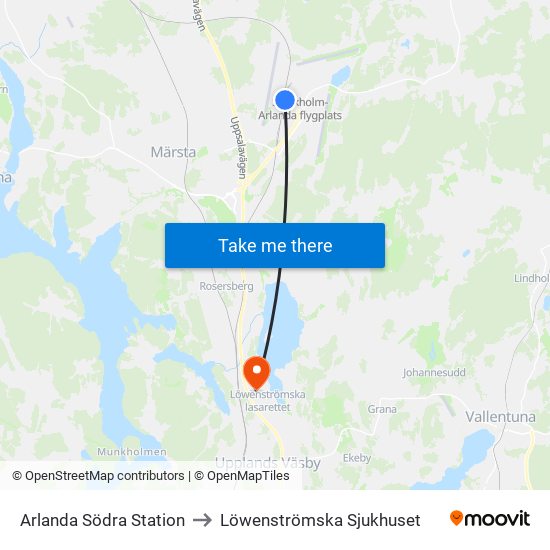 Arlanda Södra Station to Löwenströmska Sjukhuset map