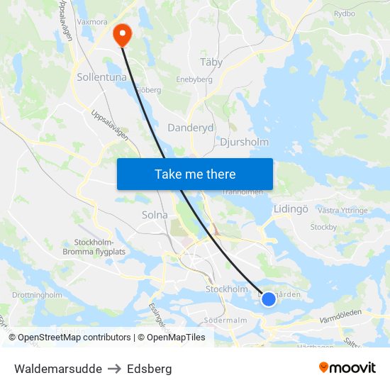 Waldemarsudde to Edsberg map