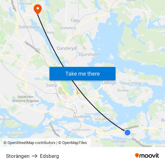 Storängen to Edsberg map