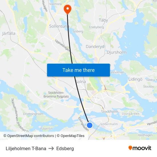 Liljeholmen T-Bana to Edsberg map