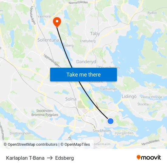 Karlaplan T-Bana to Edsberg map
