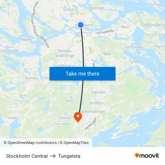 Stockholm Central to Tungelsta map