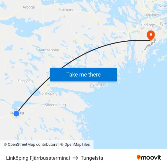 Linköping Fjärrbussterminal to Tungelsta map