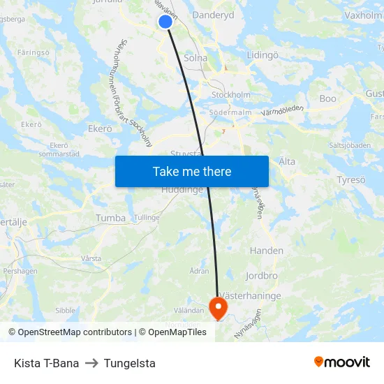 Kista T-Bana to Tungelsta map
