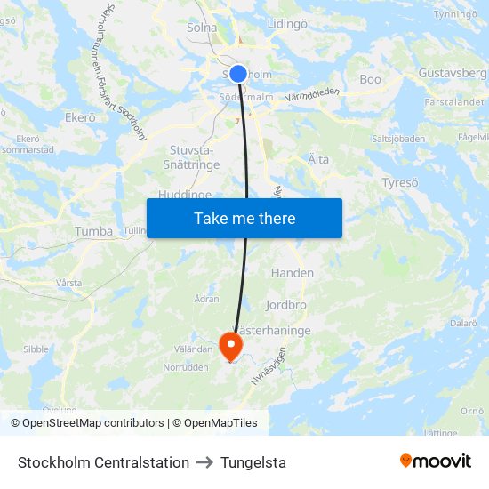 Stockholm Centralstation to Tungelsta map