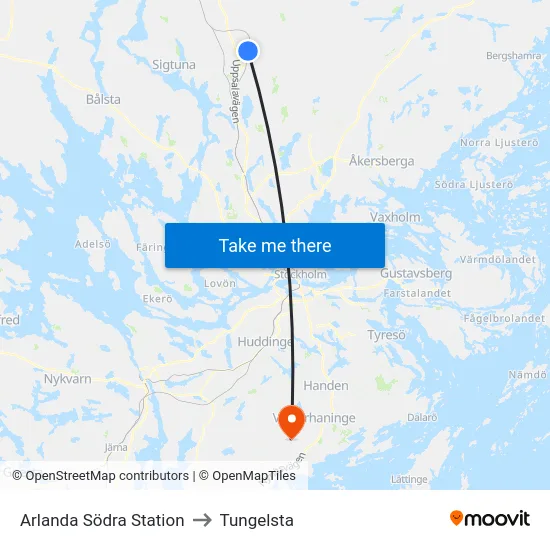 Arlanda Södra Station to Tungelsta map