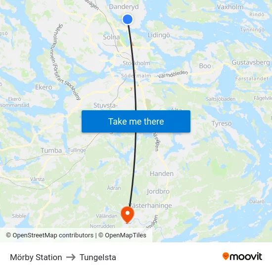 Mörby Station to Tungelsta map