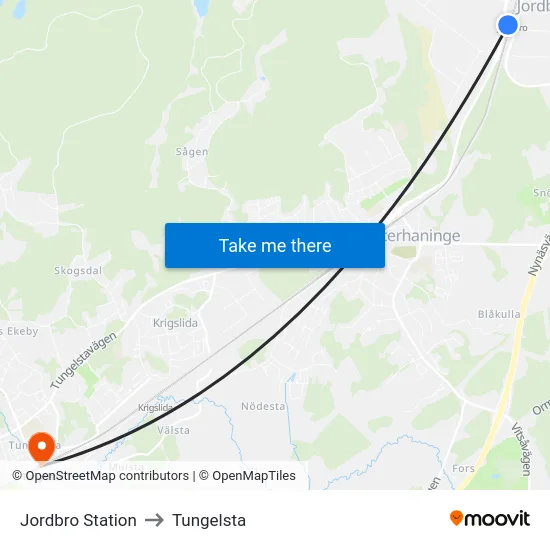 Jordbro Station to Tungelsta map