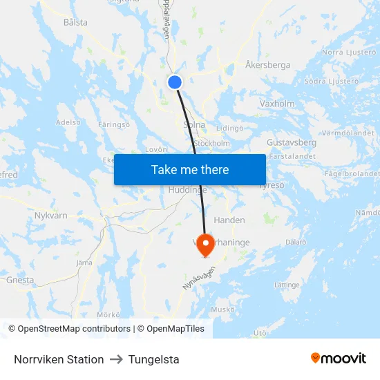 Norrviken Station to Tungelsta map