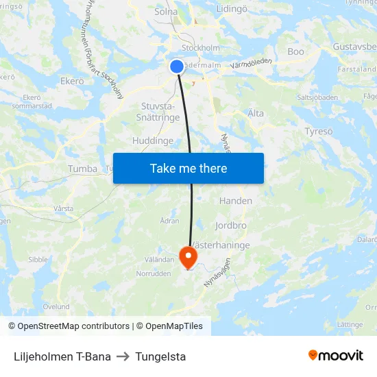 Liljeholmen T-Bana to Tungelsta map