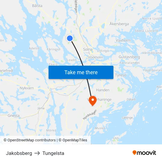 Jakobsberg to Tungelsta map