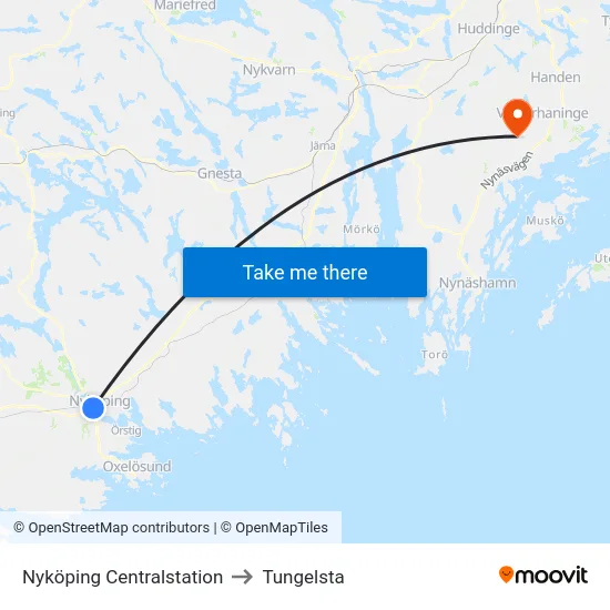 Nyköping Centralstation to Tungelsta map