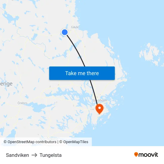 Sandviken to Tungelsta map