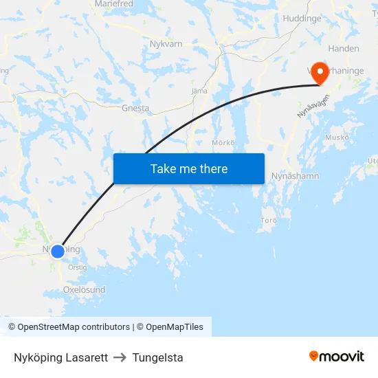 Nyköping Lasarett to Tungelsta map